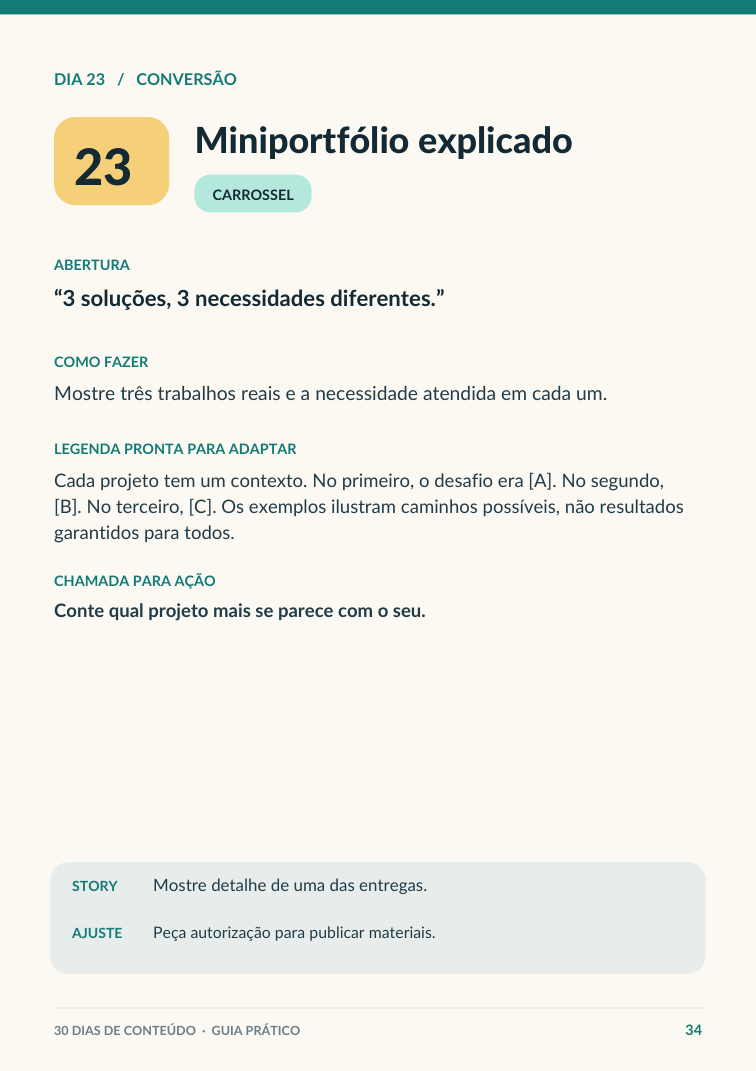 Página interna com roteiro de publicação e legenda